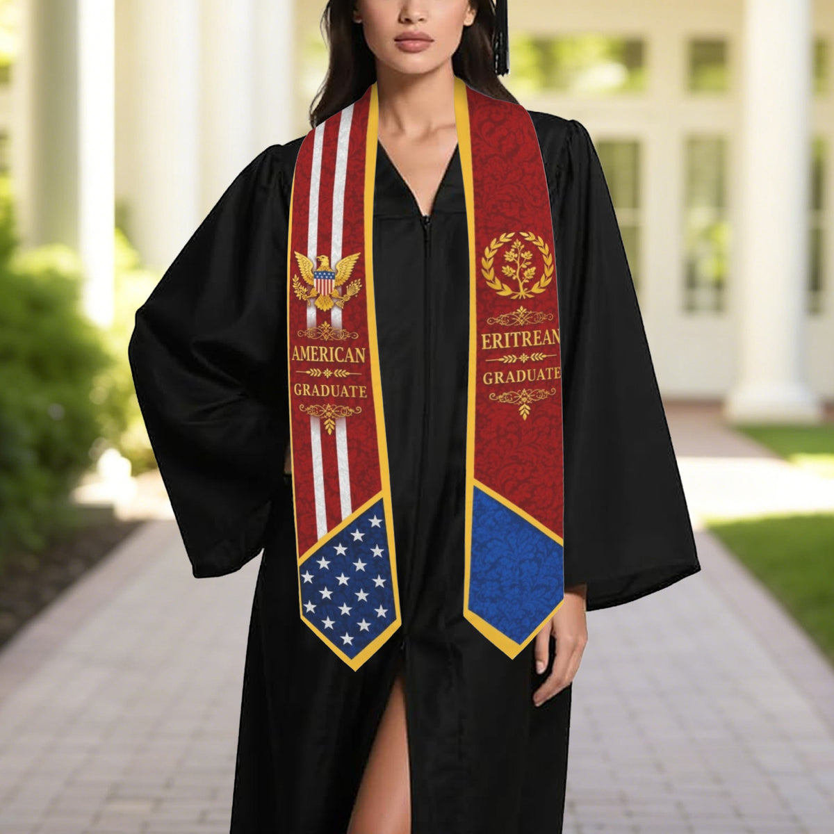 Graduate wearing a black gown with a colorful graduation stole outdoors.