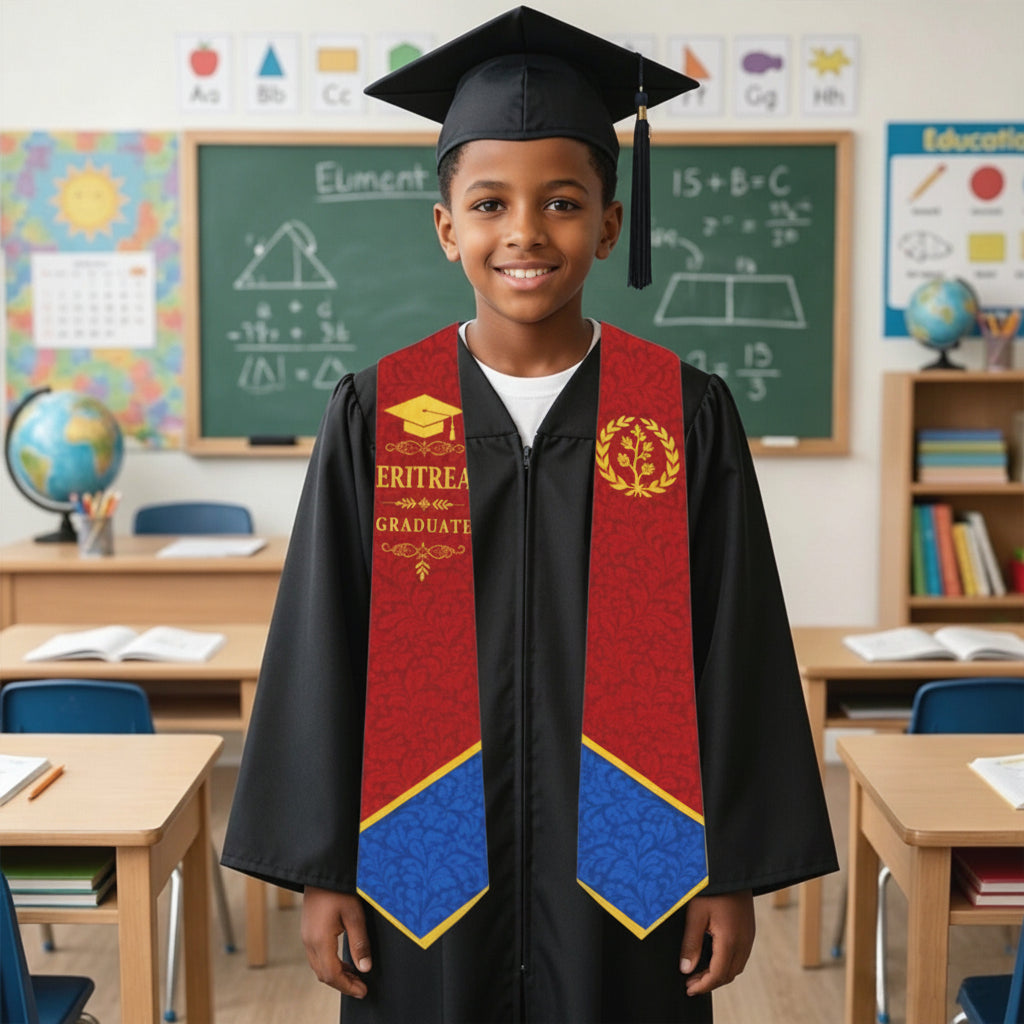 Boy wearing Eritrean kids graduation stole with black graduation gown in classroom