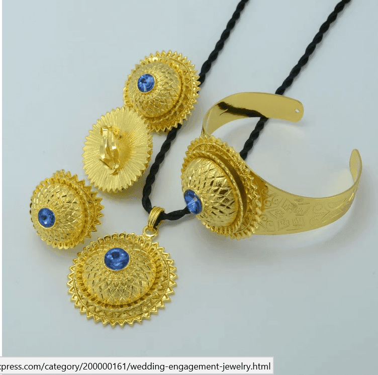 Set Gold Color Blue Stone Necklace Earrings Bangle Ring Eritrea Wedding Habesha Jewelry #001715 - Natna Shop