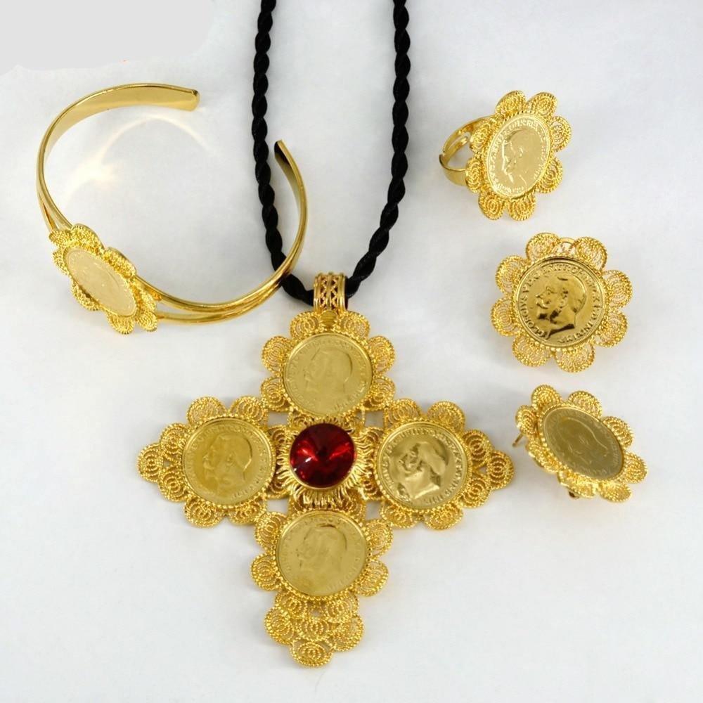Jewelry sets Gold Color Big Coin Cross Pendant/Rope/Earrings/Ring/Bangle Habesha African Wedding - Natna Shop