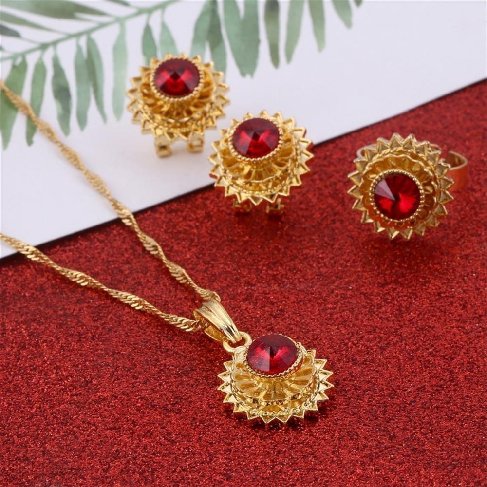 Jewelry Set Gold Color Crystal Necklace Pendant Earrings Ring Middle Easter Habesha Wedding Set - Natna Shop