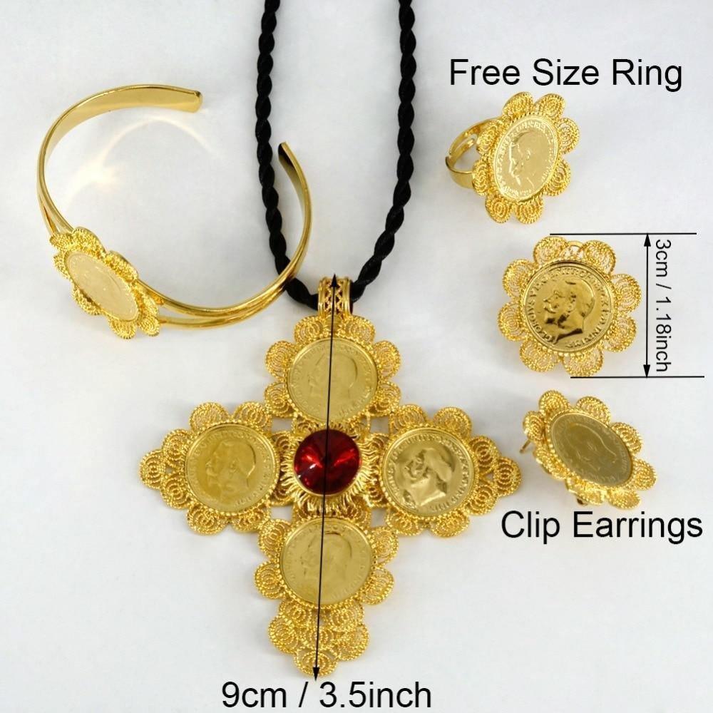 Jewelry sets Gold Color Big Coin Cross Pendant/Rope/Earrings/Ring/Bangle Habesha African Wedding - Natna Shop