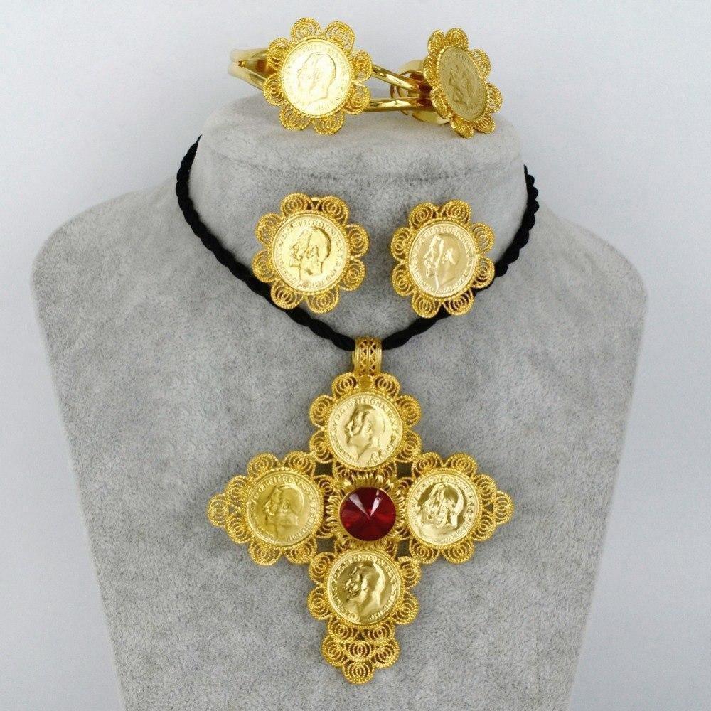 Jewelry sets Gold Color Big Coin Cross Pendant/Rope/Earrings/Ring/Bangle Habesha African Wedding - Natna Shop