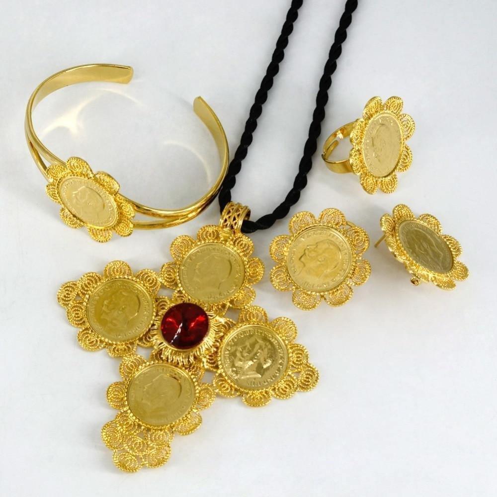 Jewelry sets Gold Color Big Coin Cross Pendant/Rope/Earrings/Ring/Bangle Habesha African Wedding - Natna Shop