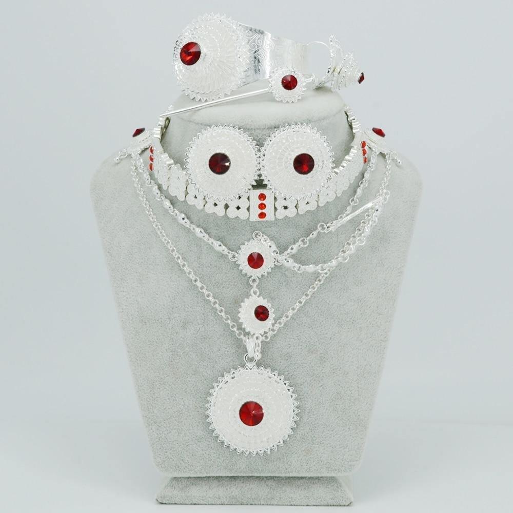 Silver Color Ethiopian Jewelry sets Habesha Pendant/Chokers Necklace/Forehead Chain/Earrings/Bangle/Hairpin/Ring #028606 - Natna Shop