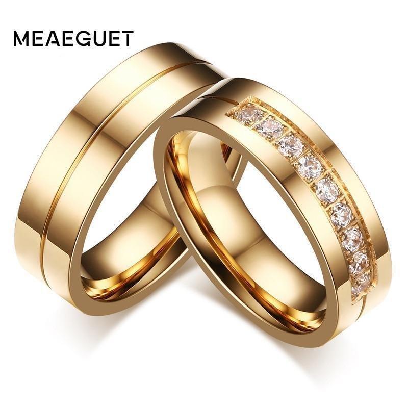 Meaeguet Gold-Color CZ Wedding Rings Lover's Cubic Zirconia Stainless Steel Romantic Ring Jewelry USA Size - Natna Shop