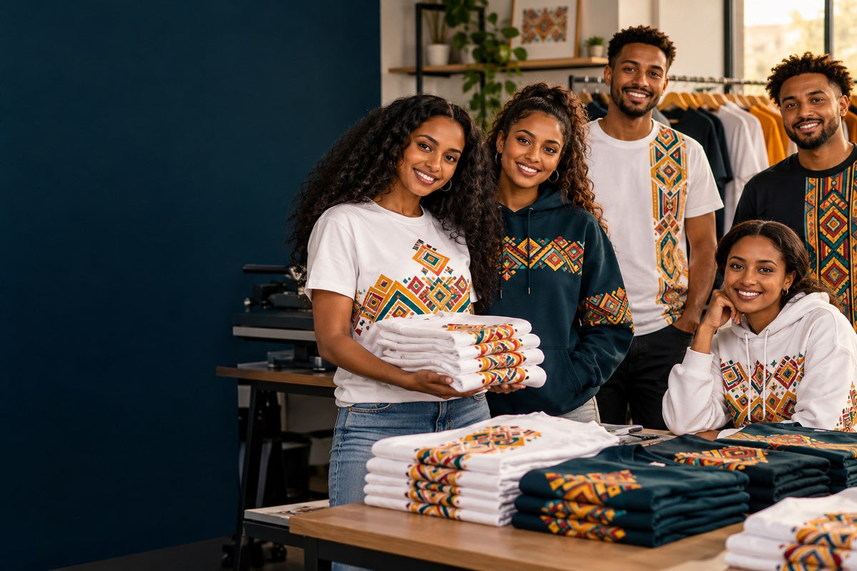 A group wearing coordinated apparel with colorful printed artwork