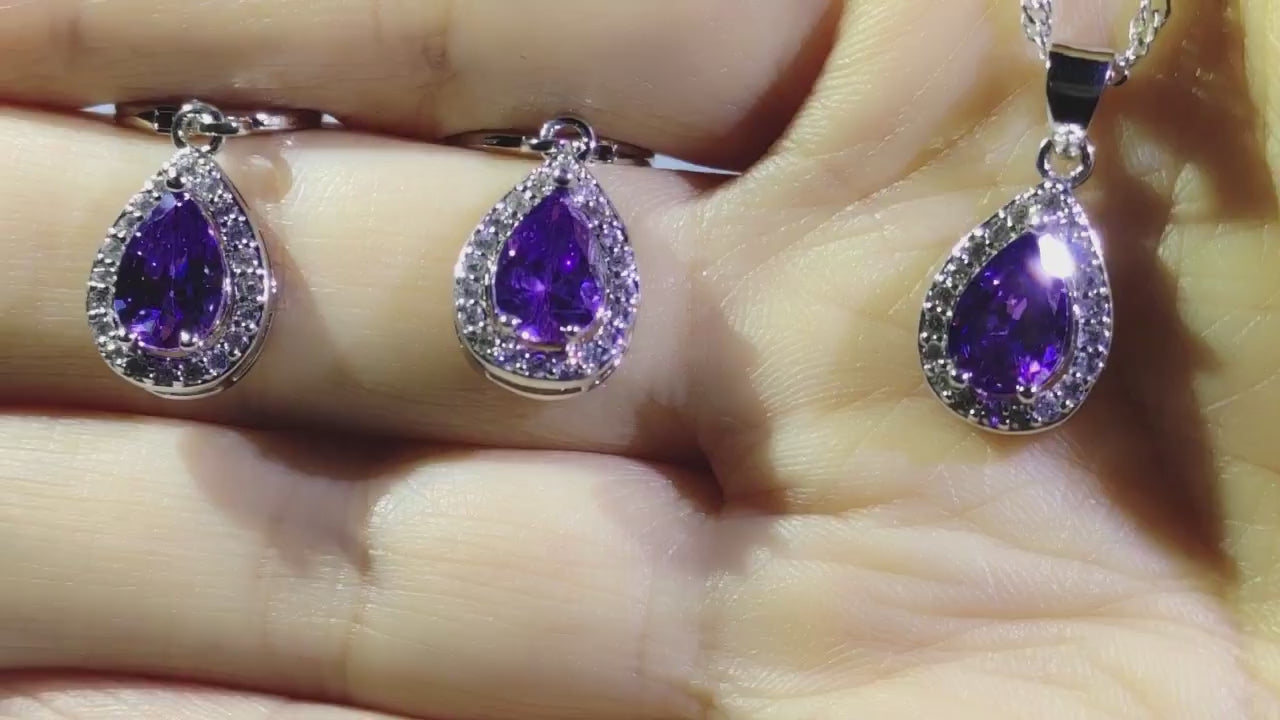 Purple Jewelry Sets Water Drop Cubic Zirconia CZ Stone 925 Sterling Silver Earrings Necklaces Finger Rings